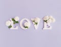 Word love made of white letters and beautiful white flowers. Spring time message. Minimal nature concept. Flat lay scene Royalty Free Stock Photo