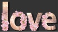 The word love is made of wood and flowers on a dark background Royalty Free Stock Photo