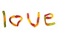 The word love of marmalade worms, isolate on white background