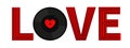 Word LOVE. Musical vinyl record disk. Red heart label center. Happy Valentines Day greeting card, poster, banner. Music sound Royalty Free Stock Photo