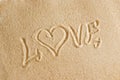 The word love is painted in the sand. Beach background. Top view. The concept of summer, summer kanikkuly, vacation, holydays