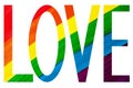 Word LOVE in rainbow colors on white background isolated close up, colorful letters LGBT pride flag colors, LGBTQ community sign Royalty Free Stock Photo