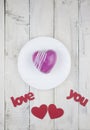 Word love red cake in the shape of a heart is on the white wood table. Romantic date. breakfast. Birthday. Wedding. Holiday Royalty Free Stock Photo