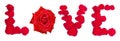 Word love from red fresh rose petals on white background Royalty Free Stock Photo