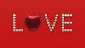 Word Love from red heart and pearls on red background