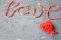 Word love ribbon, red heart for Valentines Day, birthday or other celebration, place for inscription