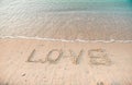 Word Love In The Sand At The Beach On Valentine Day. Happy End. Sea Wave