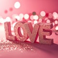 The word love is spelled with glitter on a pink background