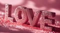 The word love is spelled with glitter on a pink background