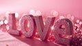 The word love is spelled with glitter on a pink background