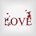 Word LOVE with two cute sheep and red heart Royalty Free Stock Photo