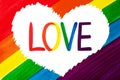 Word LOVE in white heart isolated on rainbow colors background closeup, LGBT flag banner, LGBTQ poster, lesbian, gay etc symbol Royalty Free Stock Photo