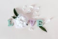 The word love from wooden letters, flowers and petals, on a light background