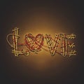 The word love is written in brown thread on a brown background. The letter O represents the shape of a heart