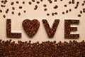 The word LOVE Written coffee, coffee inscription background, coffee in the shape of a heart, coffee background Royalty Free Stock Photo