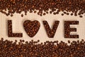 The word LOVE Written coffee, coffee inscription background, coffee in the shape of a heart, coffee background, Top coffee and bot Royalty Free Stock Photo