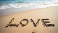 the word love written on the sand of the beach. Generated Ai Royalty Free Stock Photo
