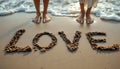 the word love written on the sand of the beach. a letter of love on the sand. Generated Ai. Royalty Free Stock Photo