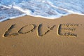 Word LOVE written on the sand at the beach Royalty Free Stock Photo