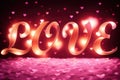 The word LOVE written in shining orange letters, background of hearts, hovering over a sea of pink hearts