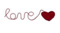 The word Love is written with threads of wool. White background. red knitted heart. Royalty Free Stock Photo