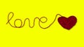 The word Love is written with threads of wool. Yellow background. Vanentine`s day. red knitted heart. Royalty Free Stock Photo