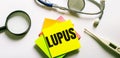 The word LUPUS is written on a bright sticker on a light background near a stethoscope, magnifying glass and an electronic