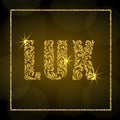 Word Lux. Letters from a floral ornament with golden glitter and sparks on a dark background with bokeh.