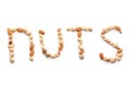 Word made of different types of nuts on white background Royalty Free Stock Photo