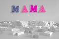 Word mama on a black and white background consists of colorful wooden letters in the abc alphabet block, which are the Royalty Free Stock Photo