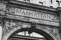 Word Manhattan engraved on the old building facade in NYC, USA Royalty Free Stock Photo