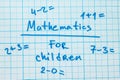 The word `mathematics for children` with tasks in a notebook for drawing.