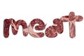 The word meat , the letters of which are laid out from the real meat of marble beef on a white background