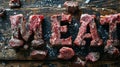 The word meat spelled out with pieces of raw beef on a wooden table, AI