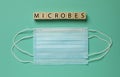 Word Microbes made with wooden cubes and face masks on turquoise background, flat lay