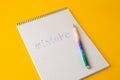 Word Mistake written with erasable pen in notepad on yellow background, closeup