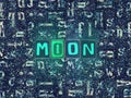The word Moon as neon glowing unique typeset symbols, luminous letters moon