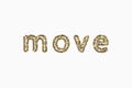 The word Move is made by gold wired jewelry letters isolated on white background. 3D illustration image