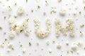 Word MUM made of little white flowers buds laying on white background