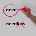 The word need is circled with a pink pencil by a hand with a bubble, the word needless is crossed out