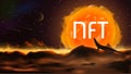 Word NFT non fungible token on fantastic space landscape in the style of realism.