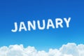 Word January made of clouds steam on blue sky background. Month planning, timetable concept