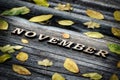 Word November, wooden letters. Frame of yellow leaves, wooden background