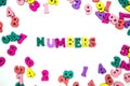 Word `numbers` is laid out of wooden multicolored letters