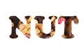 Word nut made from heap of nuts isolated on white Royalty Free Stock Photo