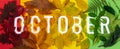 The word October made of natural objects. Autumnal theme in red, orange, yellow and green colors