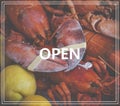 Word Open. Fresh lobsters at American fish market Royalty Free Stock Photo