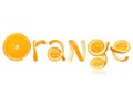 The word orange is made of peel on white background