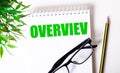 The word OVERVIEW is written on a white background near a green plant, glasses and a pencil