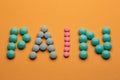 Word pain on orange background written with colorful pills. Painkiller tablets taken by prescription.